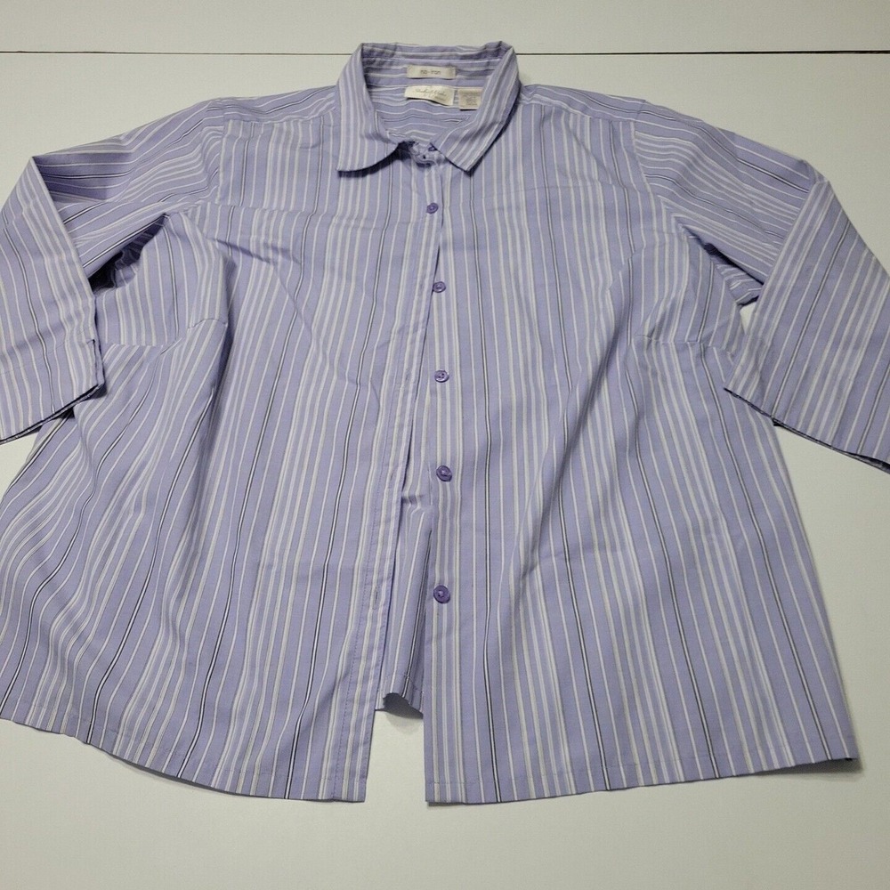 Studio Works Blouse Womens 1x Button Front Shirt Blue Stripe 3/4 Sleeve Collar